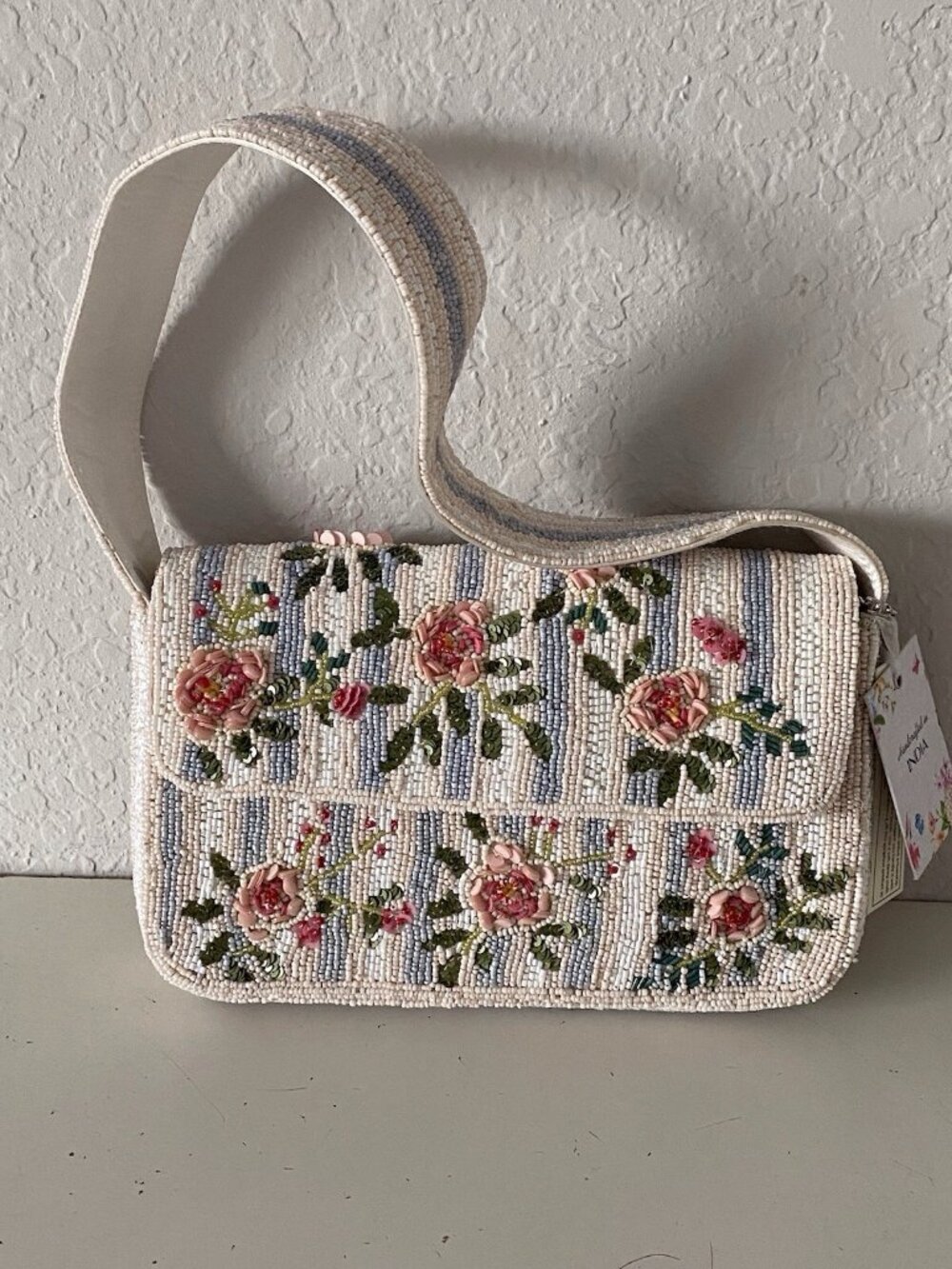 Pink Roses Beaded Shoulder Bag Handcrafted In India W/Charm VIRAL NEW